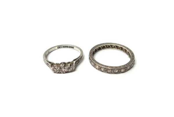 A white gold and platinum, diamond set full eternity ring, mounted with circular cut diamonds, ring size M and a white gold and platinum diamond set r