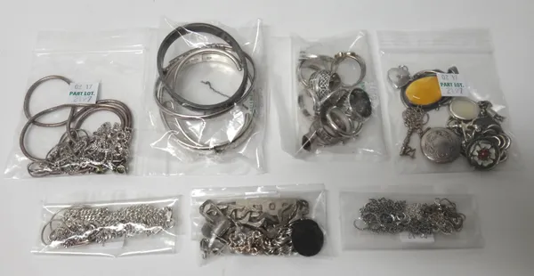 Mostly silver jewellery, comprising; thirteen rings, three bracelets, fourteen pendants and charms, a pair of cufflinks, four bangles, fifteen necklac