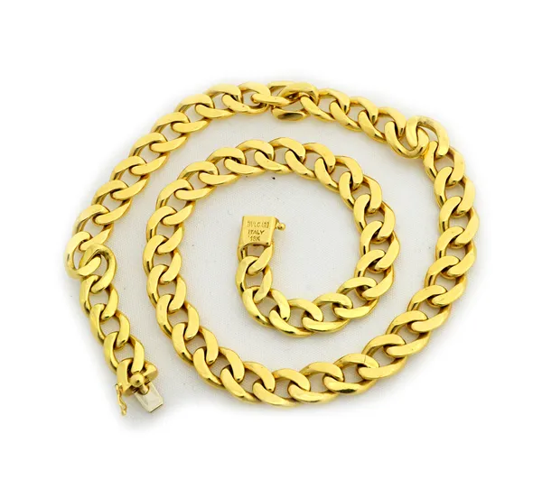 A Bvlgari gold necklace, in a uniform curb link design, on a snap clasp, detailed Bvlgari Italy 18 K, length 43cm, weight 90 gms.  Illustrated