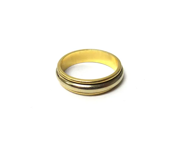 A two colour gold wedding ring, having a central rotating band, detailed 585, ring size T, weight 6.5 gms, with a case.