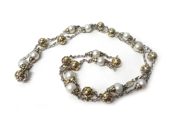 A John Hardy gold, silver and cultured pearl necklace, the cultured pearls alternating with spherical bead divisions on an oval link chain, with a spr