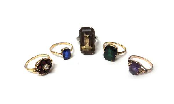 A gold, garnet and cultured pearl set cluster ring, detailed 9 CT and four further gem set single stone rings, (5).