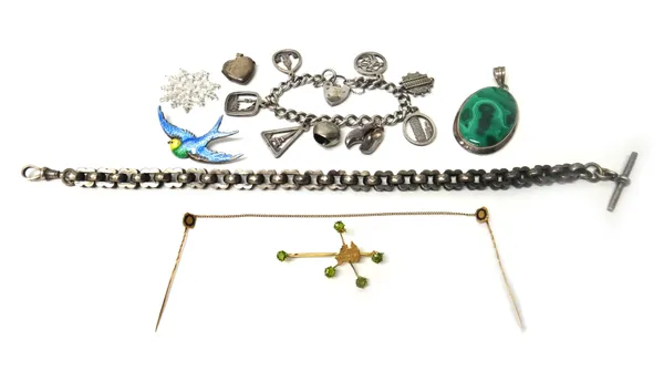 A gold and green gem set five stone brooch, centred by a map of Australia, a pair of Victorian gold and blue enamelled stickpins, connected by a chain