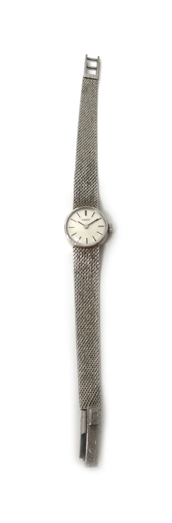 A lady's 9ct white gold Tissot bracelet wristwatch, the signed circular silvered dial with black baton shaped numerals, on a tapering woven mesh link