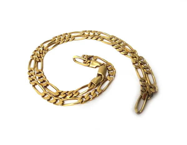 A gold figaro link neckchain, with a sprung hook shaped clasp, detailed 18 KT Italy 750, length 50cm, weight 30.5 gms.