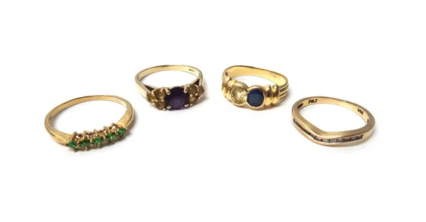 A gold, sapphire and yellow gem set two stone ring, detailed 750, a gold and diamond set ring, mounted with a row of small circular cut diamonds, deta