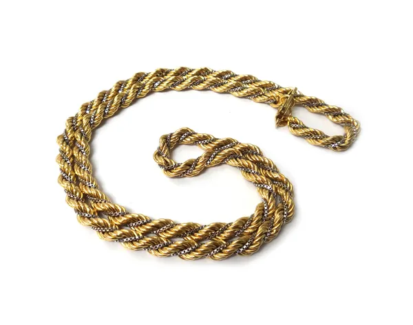 A two colour gold necklace, in an entwined yellow ropetwist and white box link design, on a sprung hook shaped clasp, detailed 585, length 55cm, weigh