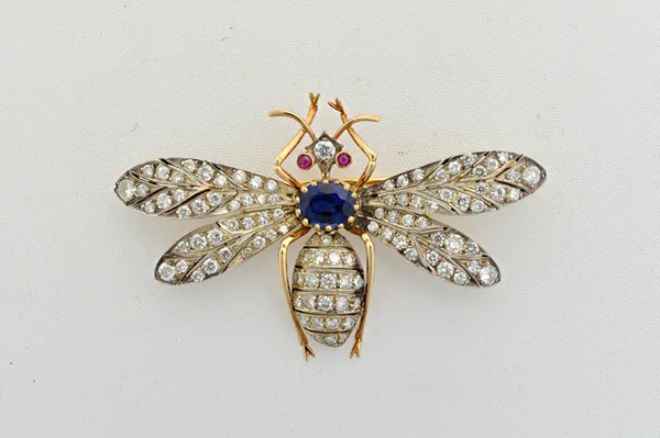 A sapphire, diamond and ruby brooch, designed as an insect with outspread wings, mounted with the oval cut sapphire to the centre, cabochon ruby set e