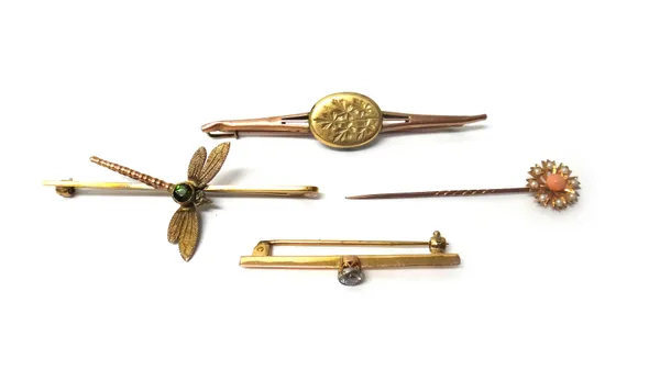 A gold and diamond set single stone bar brooch, mounted with a cushion shaped diamond, a gold and gem set brooch, with a dragonfly motif, another bar