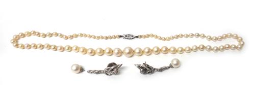 A pair of diamond and cultured pearl pendant earrings, each in a scroll pierced design, mounted with baguette and circular cut diamonds and with a sin