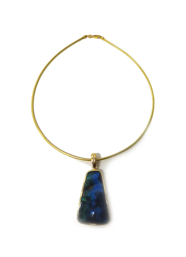 A gold mounted opal matrix pendant, having a diamond set suspension loop, with a gold Brazil link collar, detailed 750 Italy, on a sprung hook shaped