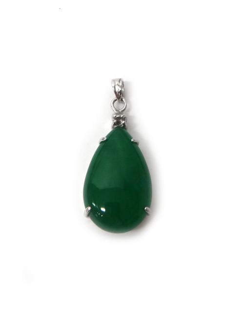 A green hardstone and colourless gem set drop shaped pendant, detailed 18 K GP, with a pouch case.