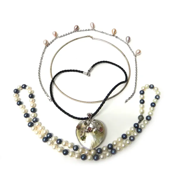 A collar necklace, with a sprung hook shaped clasp, detailed 925, a mother of pearl and cabochon gem set heart shaped pendant, detailed 925, fitted to