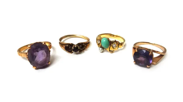A gold, diamond, turquoise and cultured pearl set ring, a gold ring mounted with two garnets (the third garnet lacking), a gold ring claw set with an