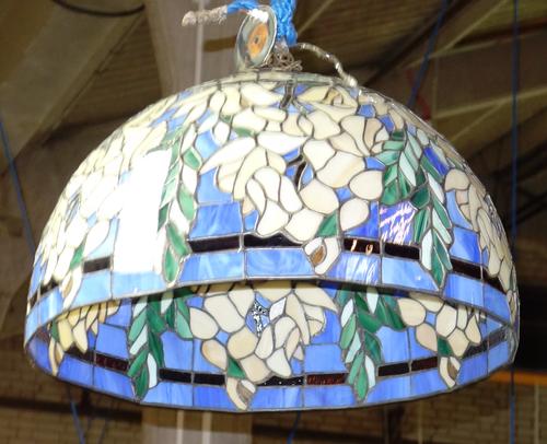 A pair of lined peach and green striped curtains, 195cm wide at the top (470cm wide at the bottom) x 320cm long, (2).