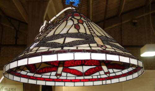 A pair of lined peach and green striped curtains, 195cm wide at the top (470cm wide at the bottom) x 320cm long. (2)