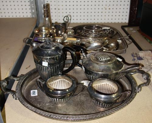 A brass three light electrolier, together with two adjustable brass wall lights and one other light fitting, (4). SH8