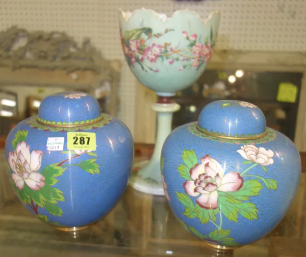 A pair of Oriental blue ground ginger jars and a Victorian glass painted goblet, (3).  CAB