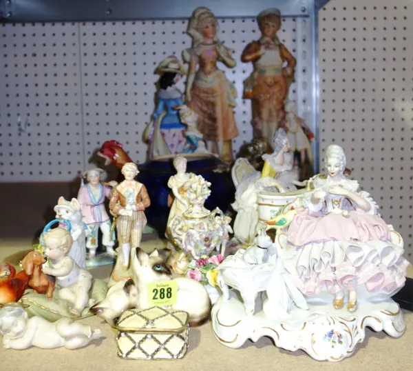 A quantity of ceramic figures, including Continental figures of a boy and a girl , a monkey handled Majolica teapot and further items, (qty). SH12
