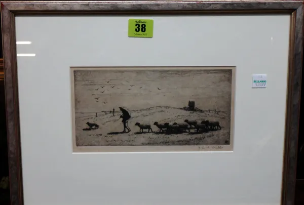 John Robert Keitley Duff (1862-1938), Sheep and shepherd, etching, signed in pencil, 10cm x 20cm.  A7