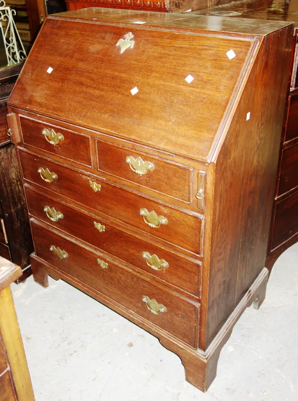 A small 19th century oak tripod table, a Regency mahogany single drawer side table, a piano stool a two drawer side table and another two drawer side