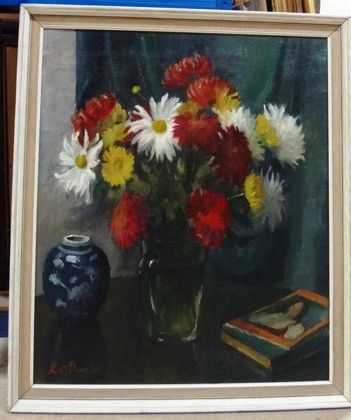 Two oleographs, including a floral still life and a view of Flatford Mill bearing a signature, after John Constable.(2)  A8