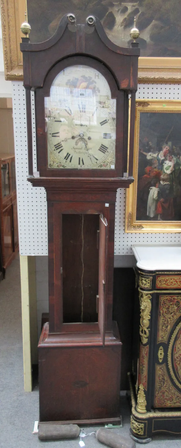 A French mantel clock, late 19th century, the domed carved top with turned finials, over an Arts & Crafts porcelain painted dial and pillared stepped