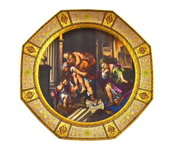A good `Vienna' porcelain octagonal dish, 19th century, finely painted with a scene depicting Aeneas saving his father Anchises from the burning of Tr