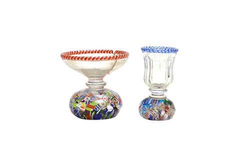 A small St Louis glass spill vase, circa 1850, with faceted waisted bowl and blue torsade to the rim, set on a scrambled paperweight base, 8.75cm high