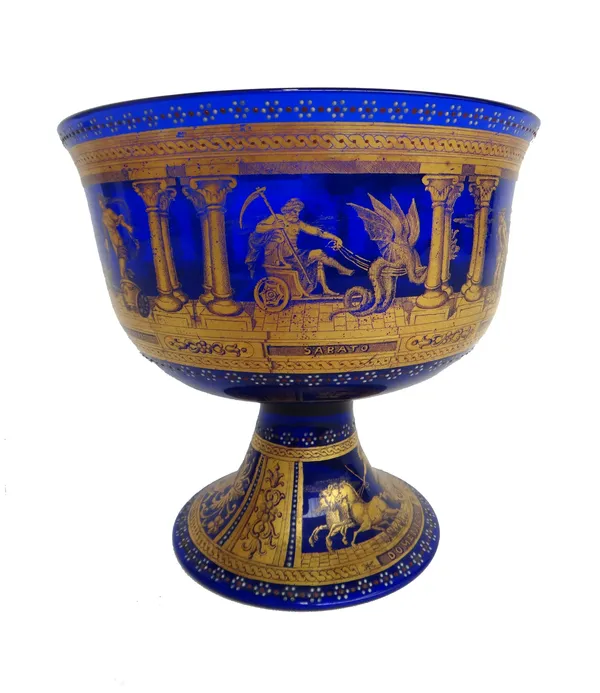 An Italian gilt and blue glass footed bowl, possibly Barovier & Toso, 20th century, gilt with a frieze of classical figures representing days of the w