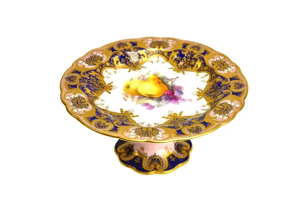 A Royal Worcester part dessert service, circa 1912, painted with studies of fruit, signed 'Cole', within deep blue and pale pink borders richly gilt w