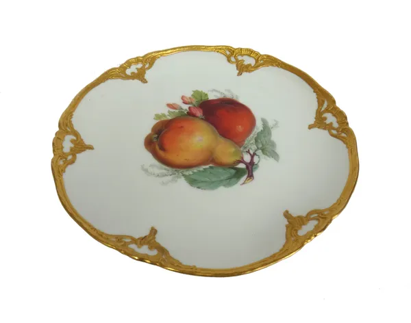 A  K.P.M Berlin porcelain dessert service, late 19th/early 20th century, individually fruit painted within a shaped gilt foliate border, printed and p