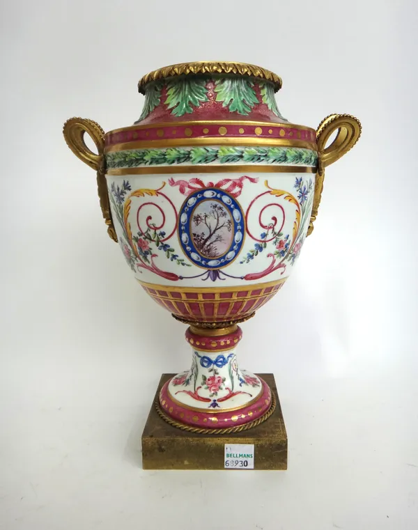 A Louis XVI style ormolu mounted Continental porcelain pot pourri vase (lacking cover), 19th century, relief moulded with leaves and decorated with fl