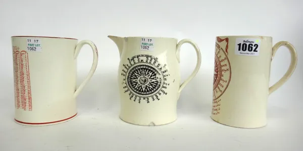 Two creamware transfer printed mugs and a black printed jug, the first mug, circa 1820, detailed with a calendar (11.5cm high), the second detailed wi
