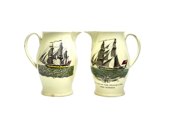 Two English creamware transfer printed martime jugs, circa 1800, probably Liverpool, both with coloured war ships at full sail, the first detailed 'Su