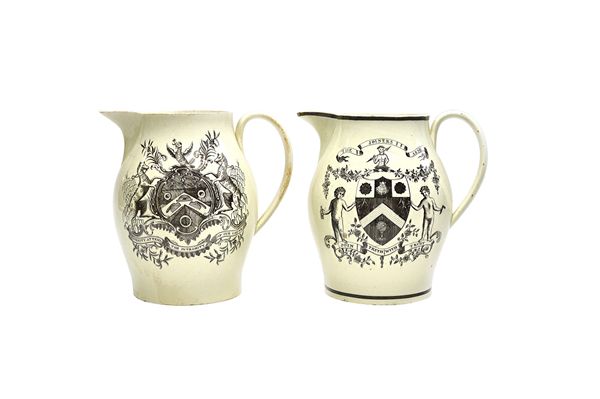 Four English creamware transfer printed armorial jugs, circa 1800, probably Liverpool, comprising; 'The Hatters Arms' (14.2cm high), 'The Joiners Arms