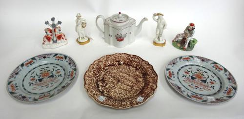 A group of English porcelain and pottery, 18th and 19th century, comprising; a New Hall pattern `171' silver shaped teapot and cover, 15cm. high; a pa
