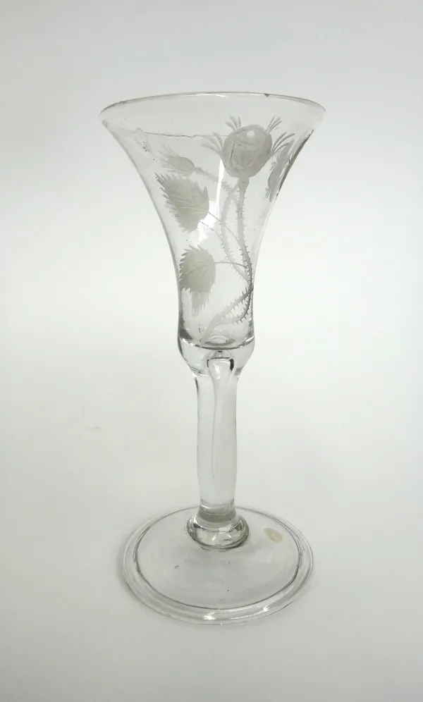 A Jacobite wine glass, mid-18th century, the bell bowl engraved with a rose and two buds, raised on a plain stem with tear, folded foot, 16.5cm high.