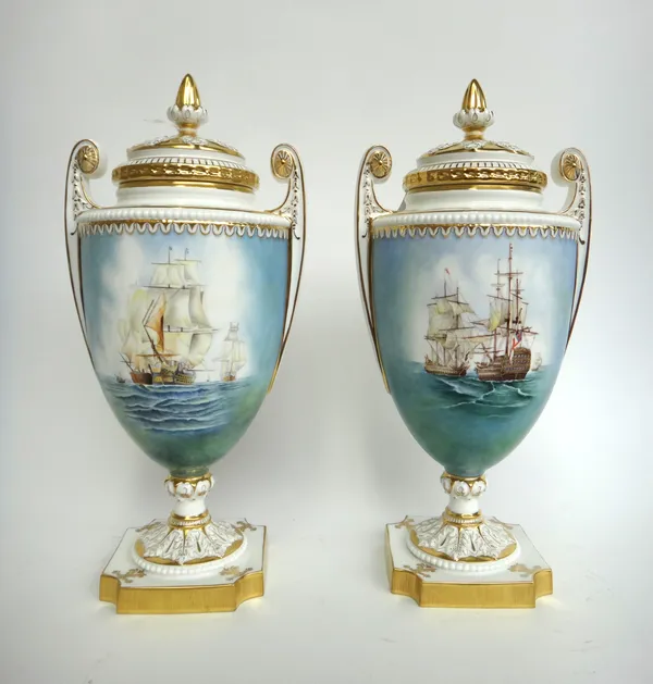 A pair of Royal Worcester porcelain King George III and covers from the Nelson Collection, hand painted with battle scenes by L. Sykes and Liam Millar