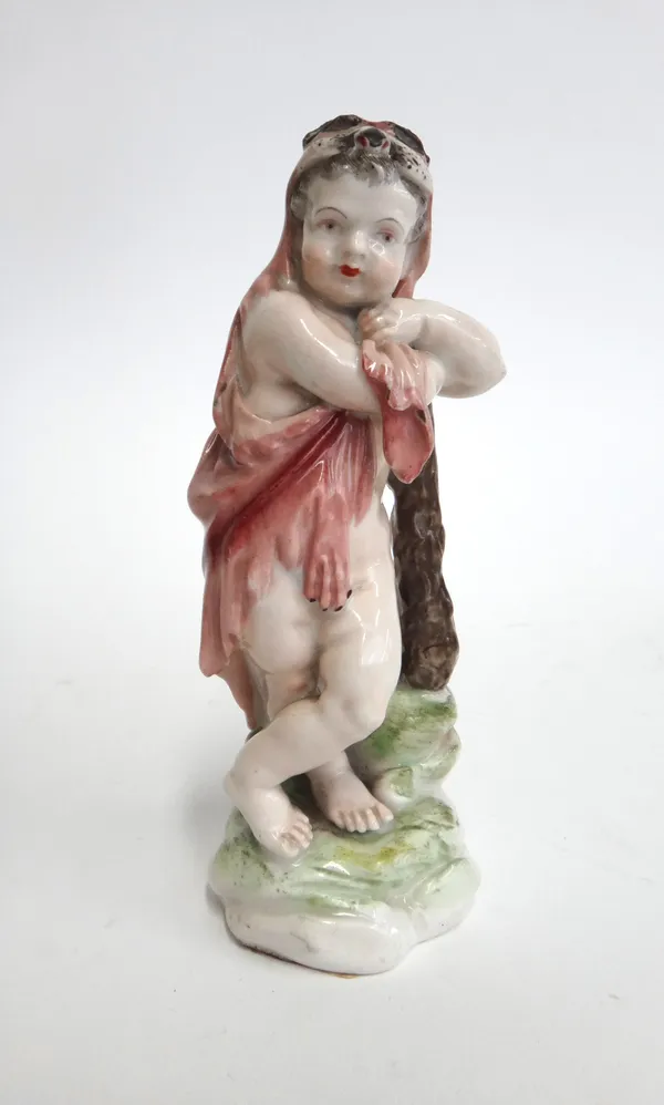 A Derby porcelain figure, circa 1765, modelled as a young Hercules on a naturalistic base, paper label for 'The Blackwell Wood Collection', 14cm high.
