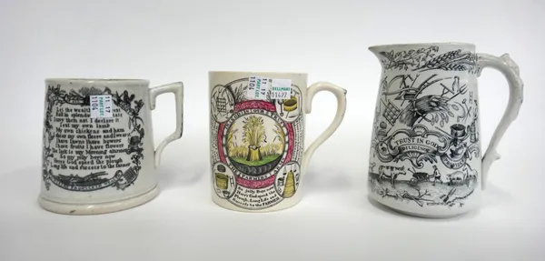 A quantity of 'Farmers Arms' and 'God Speed the Plough' pottery including; a bat printed jug (20.5cm high), various loving cups, mugs, cups and saucer