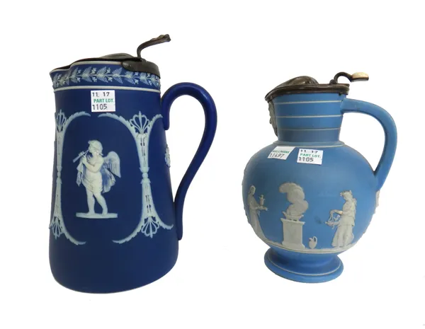 A Wedgwood Jasper ware jug and pewter hinged cover, 19th century, impressed marks, 18.5cm high, two further Wedgwood Jasper ware jugs with pewter cove