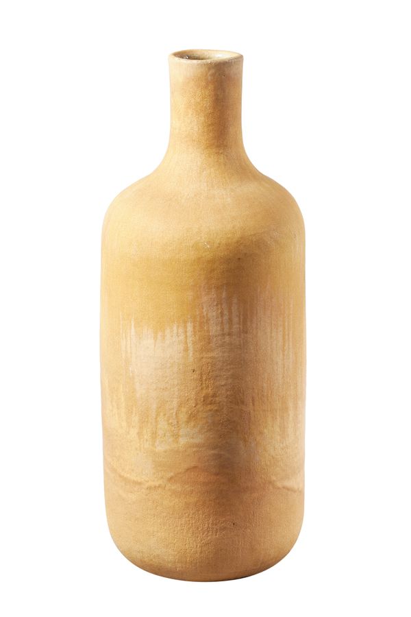 A tall Madoura ceramic vase by Suzanne Ramie (1907-1974), of cylindrical form, covered in partly matte cream and ochre glazes, impressed 'Madoura Plei