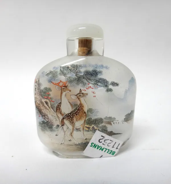 A Chinese inside painted glass snuff bottle, 20th century, well painted on one side with two tigers on the water's edge, the reverse painted with two