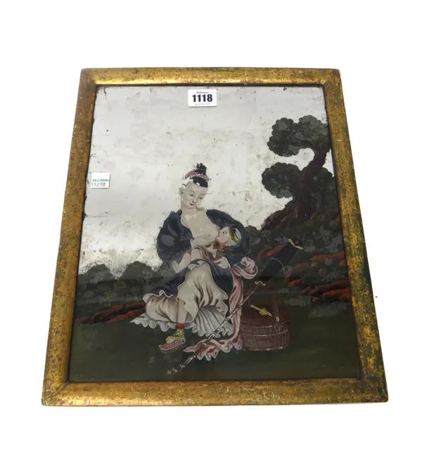 A Chinese reverse-painted mirror , late 18th/19th century, painted with a mother and child, 34cm. by 29cm., framed.
