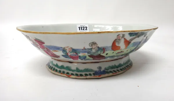 A Chinese famille rose shaped oval footed dish, 19th century, the exterior painted with Immortals in a landscape, 26.5cm. length.
