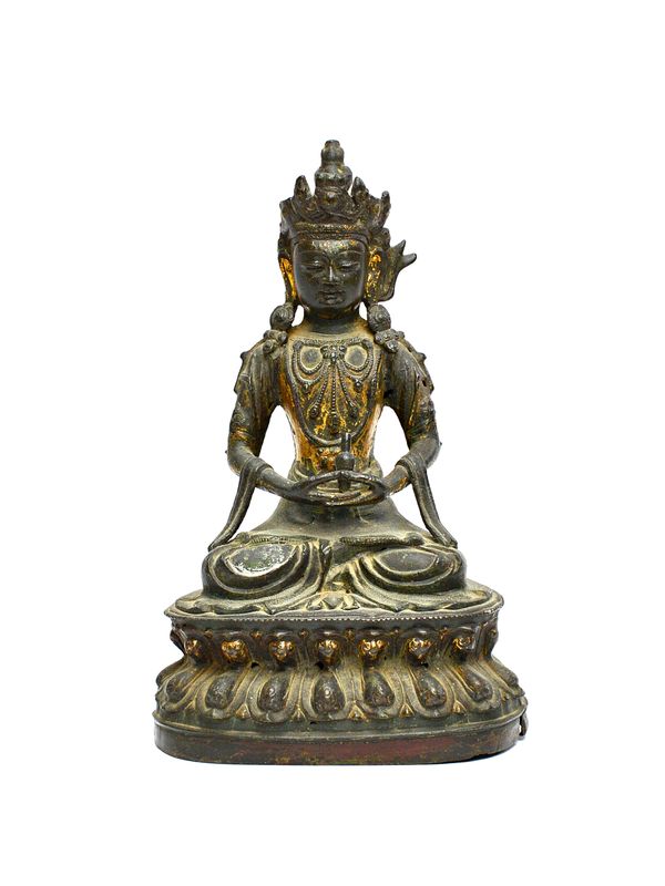 A Chinese bronze figure of Amitayus, possibly 18th century, the bodhisattva seated in dhyanasana with hands in dhyana mudra holding a slender flask, t