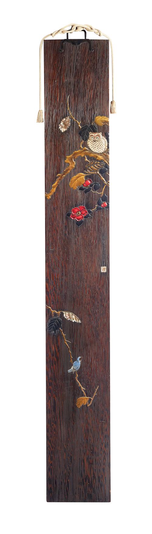 A Japanese lacquered and inlaid rectangular wood panel, Meiji/Taisho  period, inlaid in gold and red lacquer and mother-of-pearl with an owl perched i