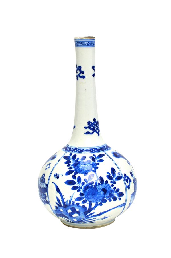 A Chinese blue and white bottle vase, Kangxi, the bulbous body painted with panels of Precious Objects alternating with panels of flowering shrubs, th