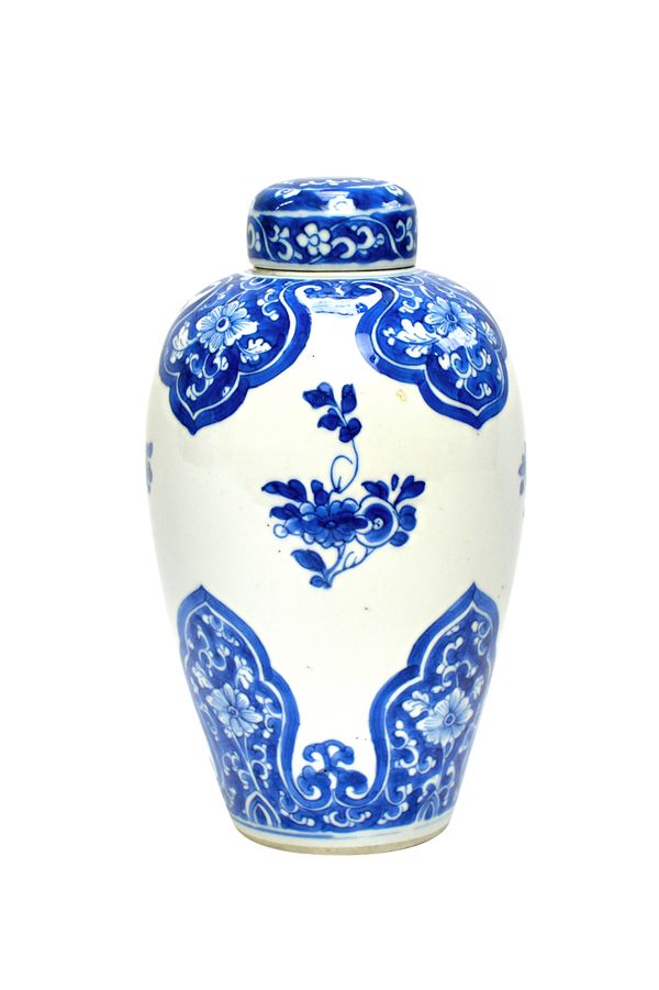 A Chinese blue and white vase and cover, Kangxi, of slender ovoid form, painted with barb shaped panels enclosing flowers against a ground scattered w